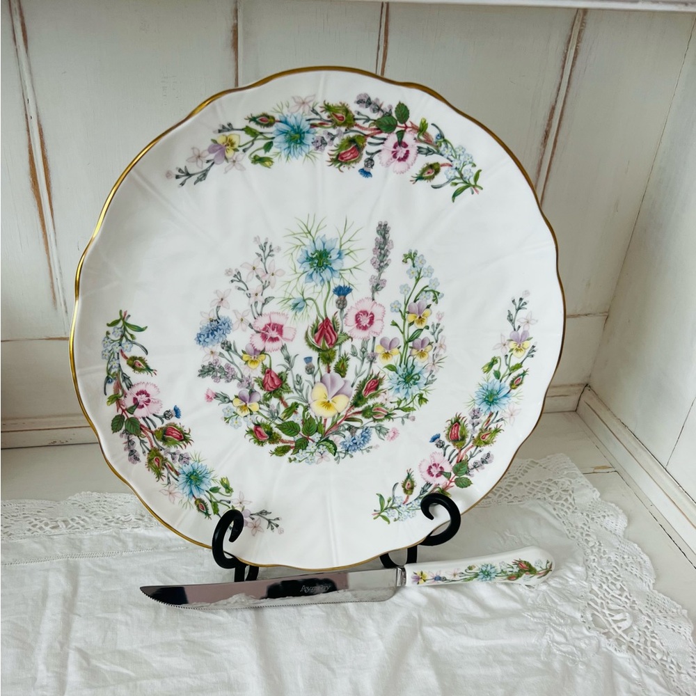 Vintage Aynsley Bone China Cake Plate & Knife Floral Gold Trim England